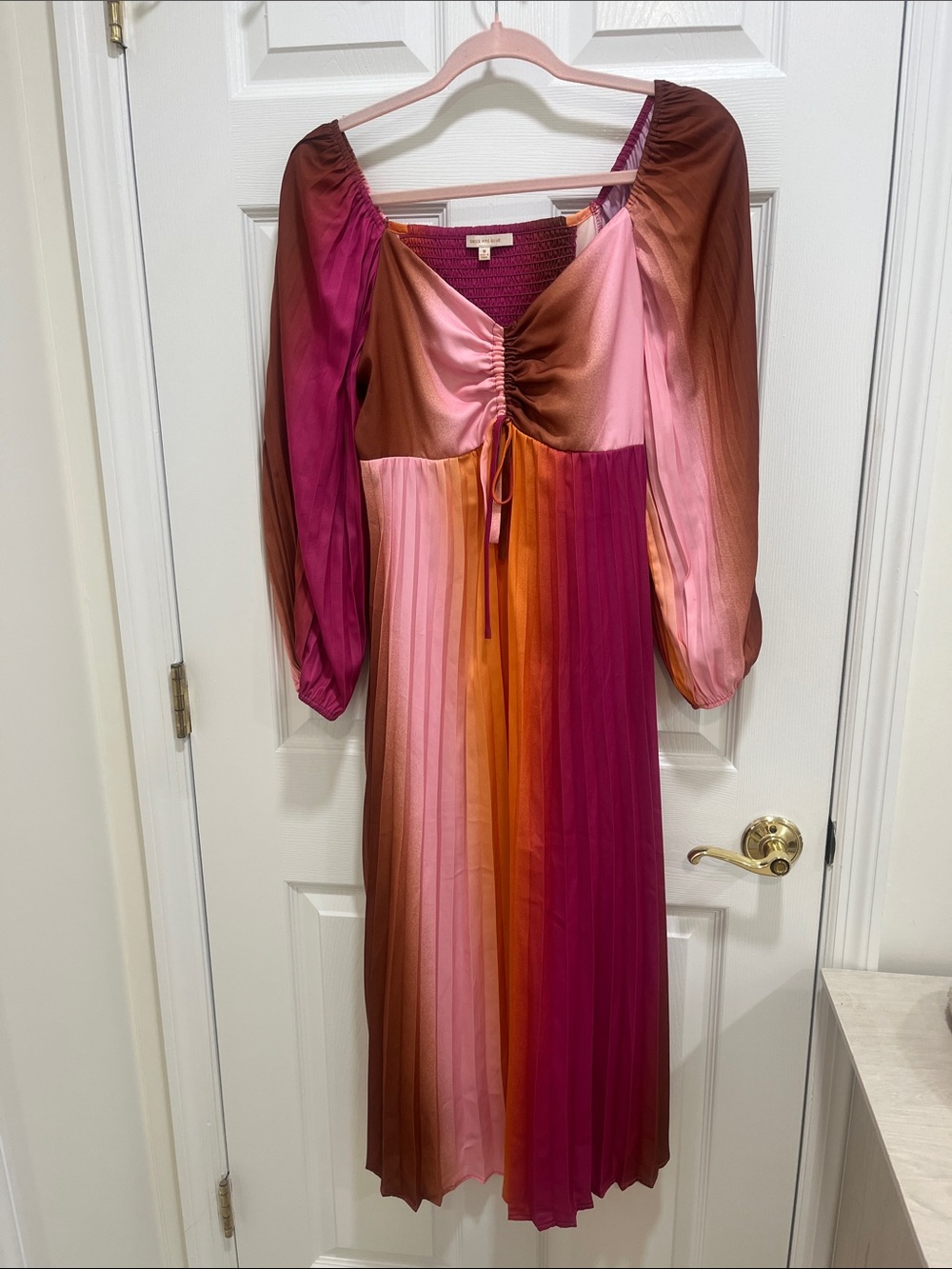 Multi-Color Pleated Midi Dress with Tie Front